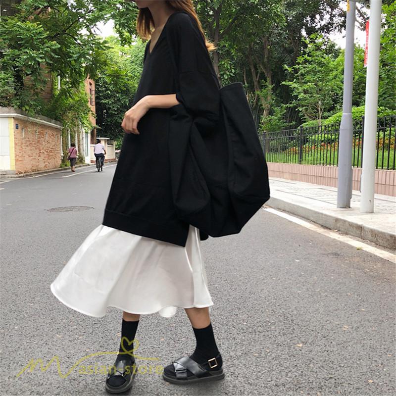 重ね着風ワンピース 半袖ワンピース tシャツワンピ レディースファッションフェイクレイヤード風ワンピース 黒白切り替え ドッキングワンピースゆったりとしたシルエットで夏にも楽チン♪きれいめ ガーリー 